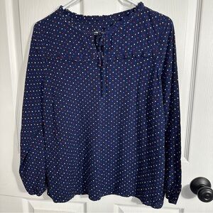 Adorable Talbots Petite medium navy polka dot blouse, small ruffles, flowy